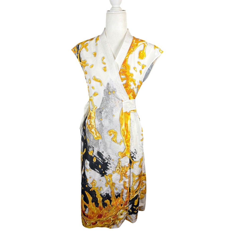 Clover Canyon Dress Womens XS Wrap Midi White Gold Abstract Graphic EUC